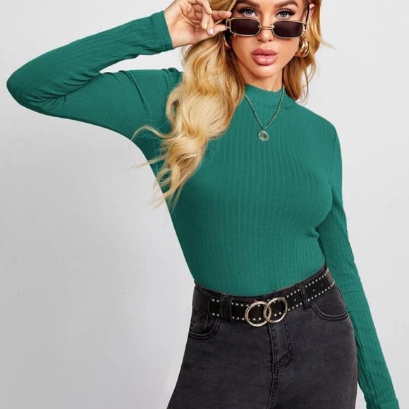 Fitted rib knit mockneck long sleeve tee charcoal - Picture 9 of 15